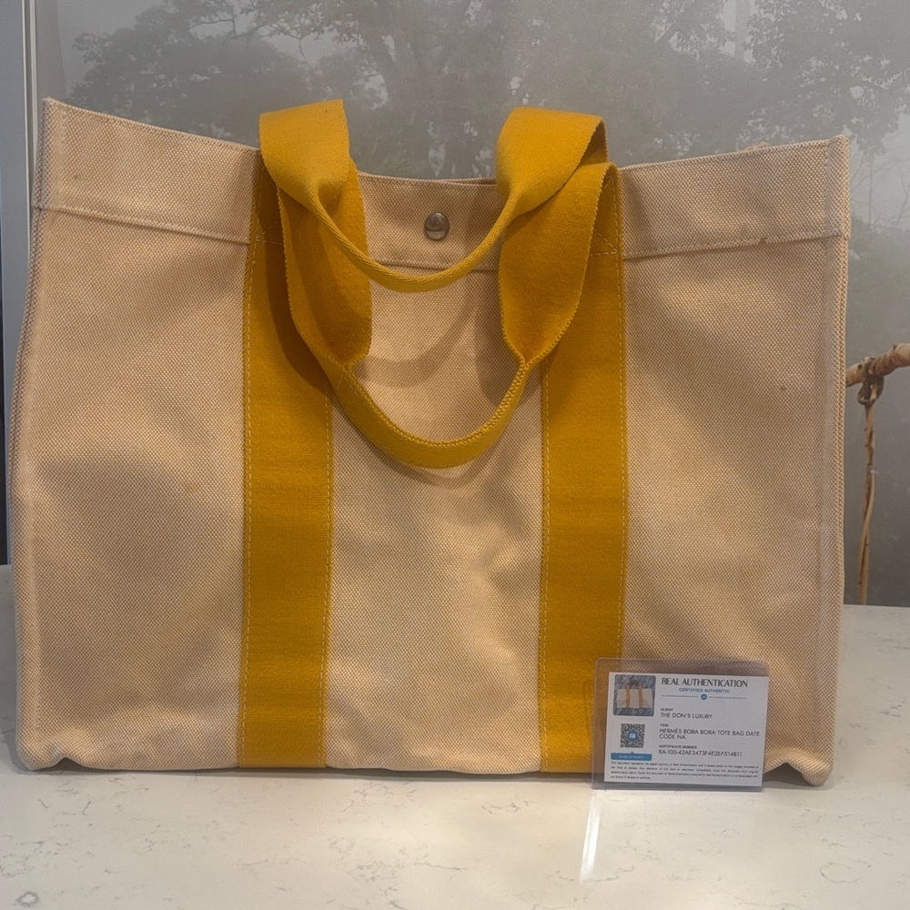 Hermes Beige Canvas Tote with Yellow Straps